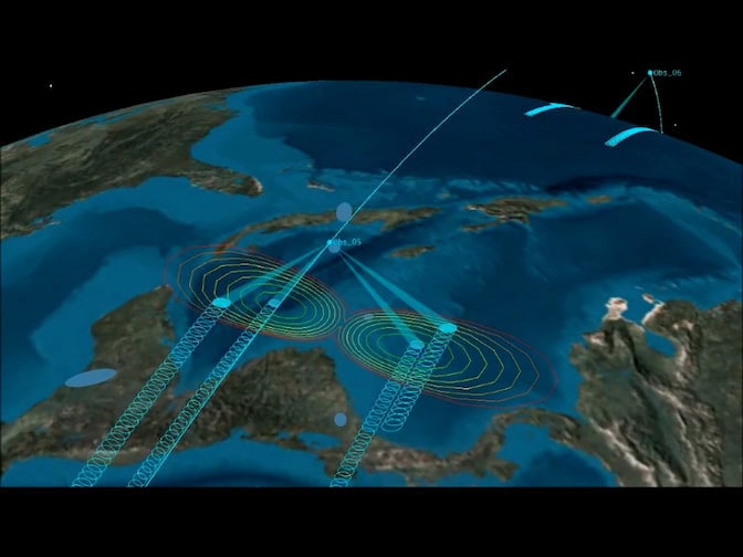A blue dot sits on a line circling earth. The dot is over Central America. Blue spotlights extend down from the satellite into the Caribbean Sea, two on each side of the satellite.