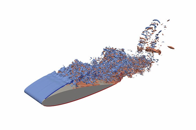 The flow approaches an elongated teardrop shape. At first, it is shown in blue while running over the top, breaking into fragments as it rises further from the surface (boundary layer separation). Blue fragments dominate the top of the flow, while red fragments are close to the aerofoil surface.