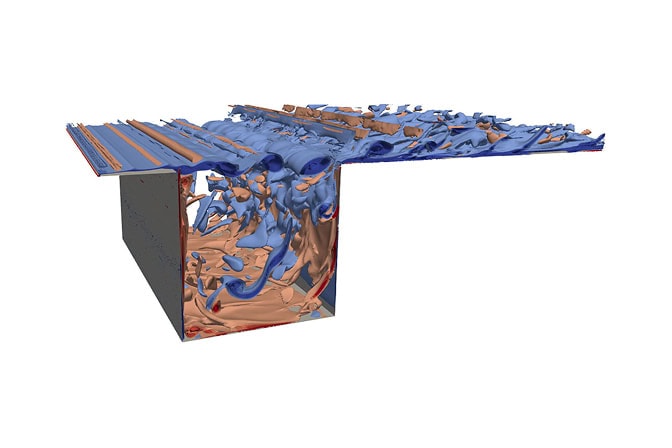 Along the wall, the flow appears mostly in blue, with red stripes parallel to the edge of the cavity. The blue forms waves over the top and breaks into fragments along the wall at the far side of the cavity. In the cavity, the blue breaks into fragments running down the far wall, while the red fragments are along the bottom and up the near wall.