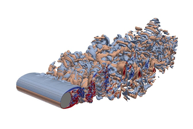 The flow approaches a cylinder laying on its side, shown in blue over the top and red under the bottom. At first, both flows are smooth, extending beyond the cylinder. Then, they fragment into red and blue where they come back together and mix.
