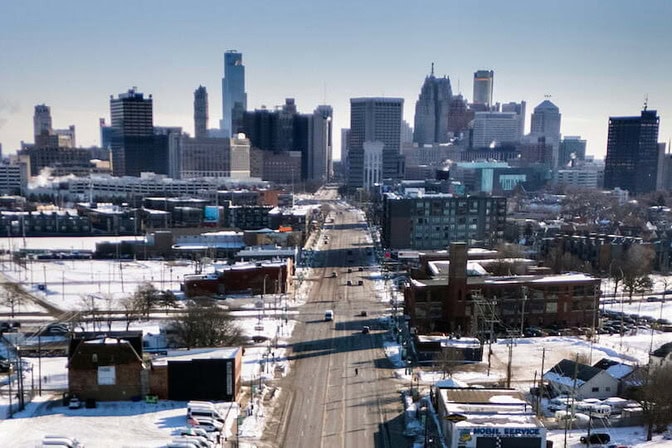 Downtown Detroit, looking east on Michigan Avenue.