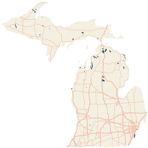 Map of Michigan showing the home city locations of University of Michigan Engineering alumni across the state, including Marquette, Traverse City, Boyne City, Roscommon, Grand Haven, Lansing, Detroit, and Dearborn, Michigan.