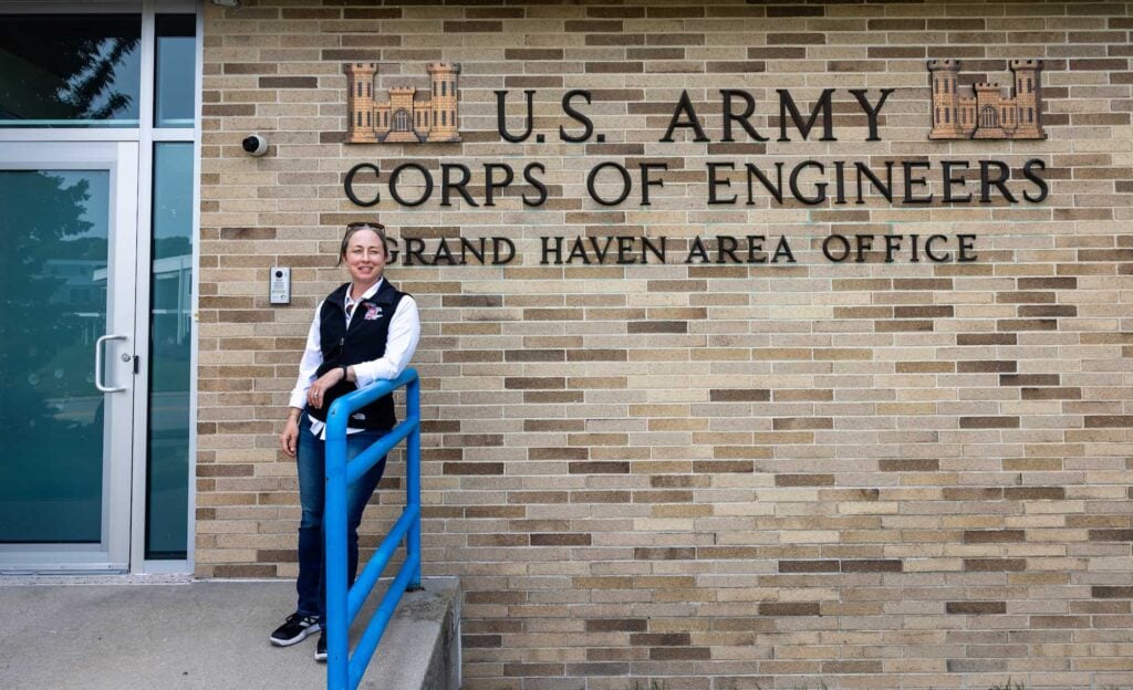 Wilkinson poses at the USACE Grand Haven office where she works.
