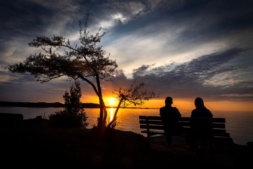 Two people sit on a bench overlooking Lake Superior as the sun sets behind windswept trees along the shoreline.