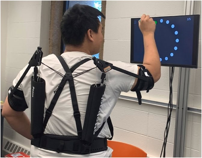 A man wearing a shoulder exoskeleton holds his elbow in front at a 90-degree angle and points toward a computer screen holding a screwdriver. The computer displays 16 circular targets arranged in an equidistant circular array with a top target highlighted in green. The black exoskeleton straps around the hips, with a crossed strap centered on the middle of the back and a thick cuff around each bicep. Two poles extend from each side of the back, with a pole extending to the bicep cuffs and a wire connected to the center of the back strap.