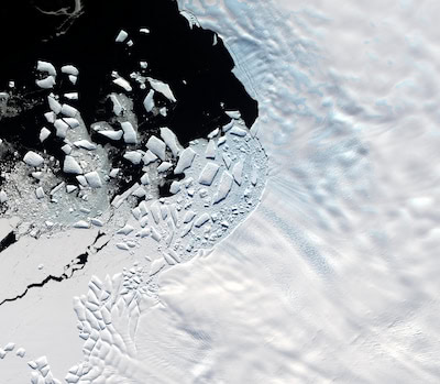 An aerial view of a glacier bordering the sea, with chunks of floating ice bunching up against the coastline. The entire terrestrial area is covered in ice and snow.