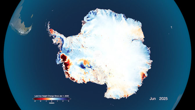 An illustration of Antarctica from space, centered on Earth's South Pole. There is a time stamp that reads: "Jun 2025." Areas along the coast where ice height decreased since 2020 are colored red, whereas increases in ice height are colored blue. The north and east coasts are mostly blue, with some areas of red. The West and South coast have a lot of deep red highlights, with some blue interspersed.